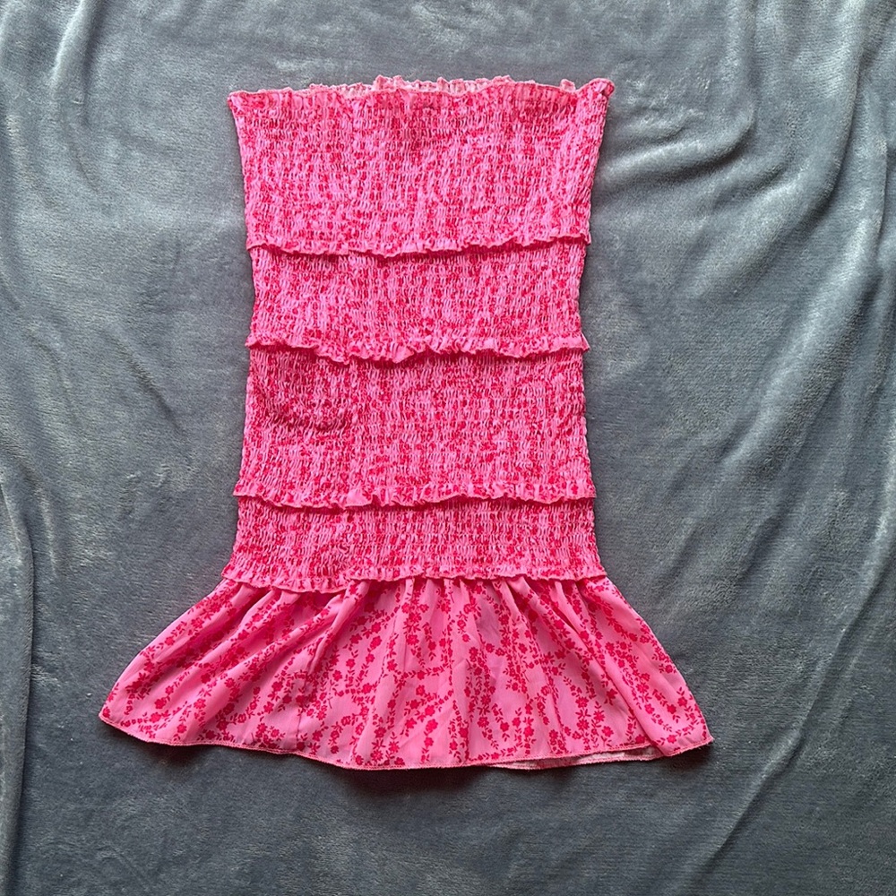 Pink Strapless Ruffle Swim Cover Up
